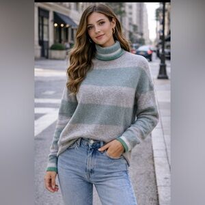 J.Crew 100% Cashmere Striped Turtleneck Sweater Gray Green Size S